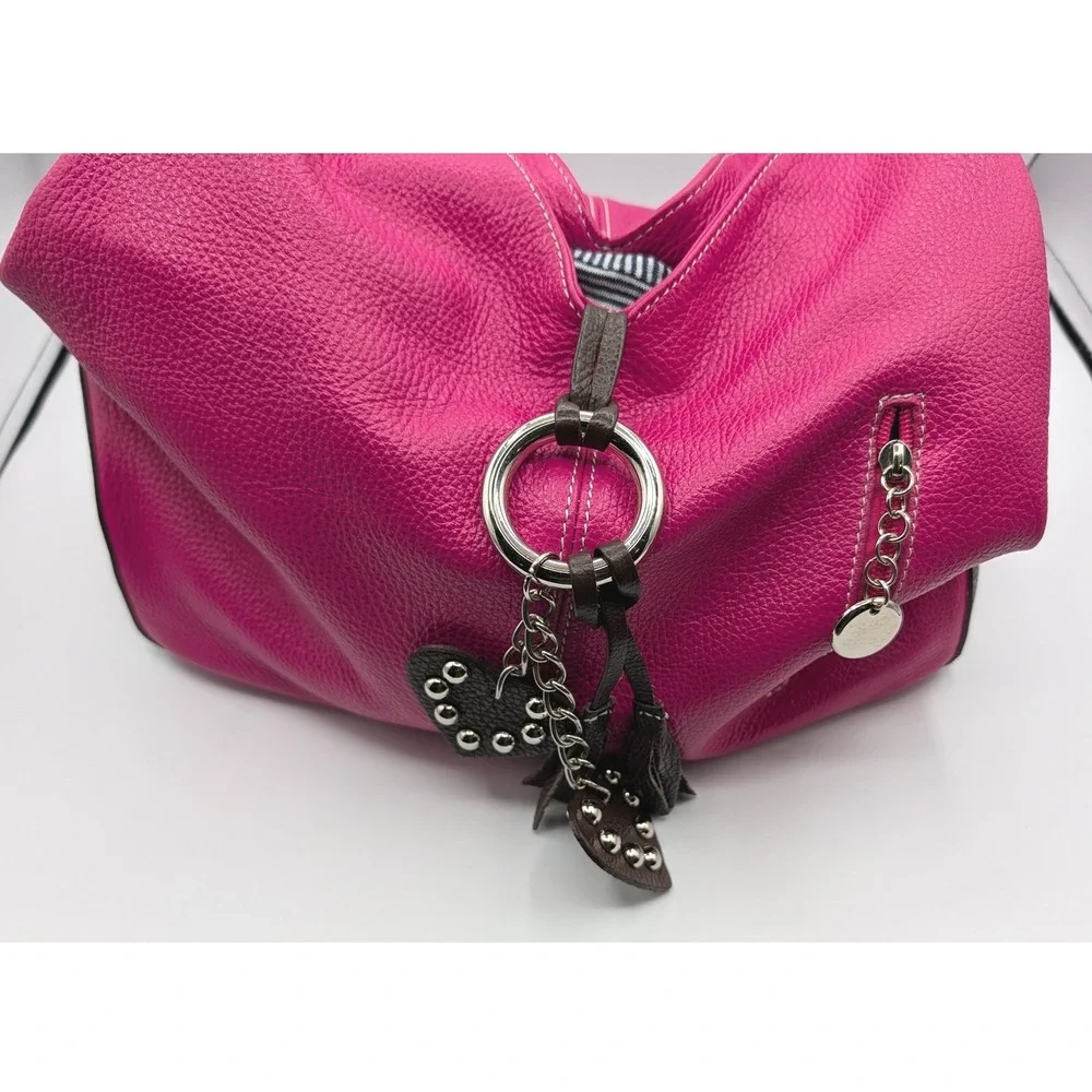 Vera Pelle Italy Pink Leather Hobo Bag Studded Heart Tassel Magenta Brown Accent